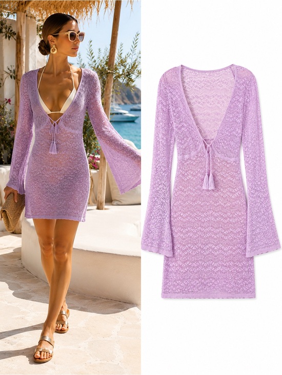 House of Harlow 1960 Dresses & Skirts - House of Harlow 1960 Lavender Crochet Bell Sleeve Cover Up Dress Size Small